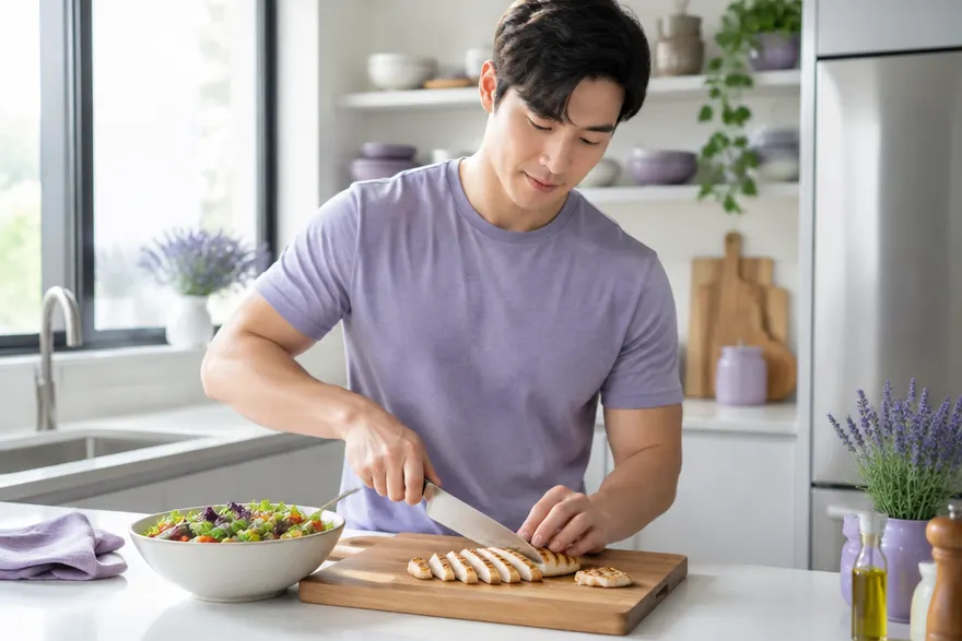한국인 남성이 부엌 도마 위에서 삶은 닭가슴살을 결대로 찢어 채소 샐러드 그릇에 올리고 있는 모습