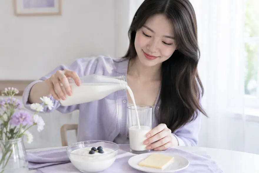 한국인 여성이 아침 식탁에서 우유 한 컵과 요거트 그릇을 앞에 두고 숟가락을 들고 있는 모습