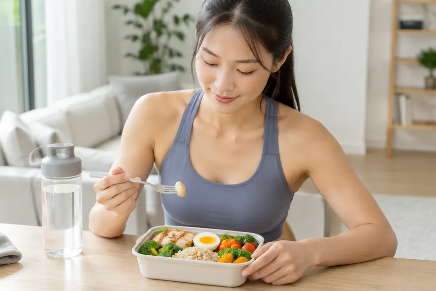 한국인 여성이 집 식탁에서 닭가슴살과 채소, 잡곡밥으로 차린 식사를 하는 모습