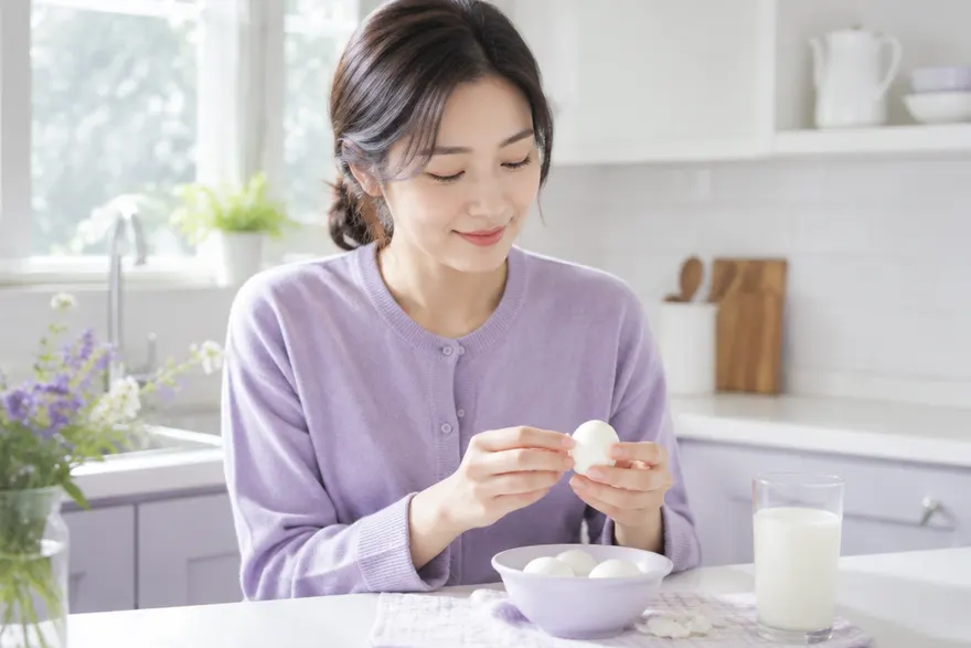 한국인 여성이 부엌 식탁에서 삶은 달걀 껍질을 벗기고 있고, 접시에 반으로 자른 달걀과 흰자, 노른자가 놓여 있는 모습