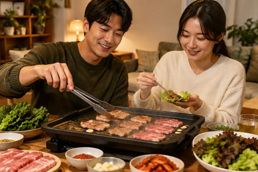 한국인 가족이 식탁에서 구운 돼지고기와 쌈채소를 나눠 먹는 모습